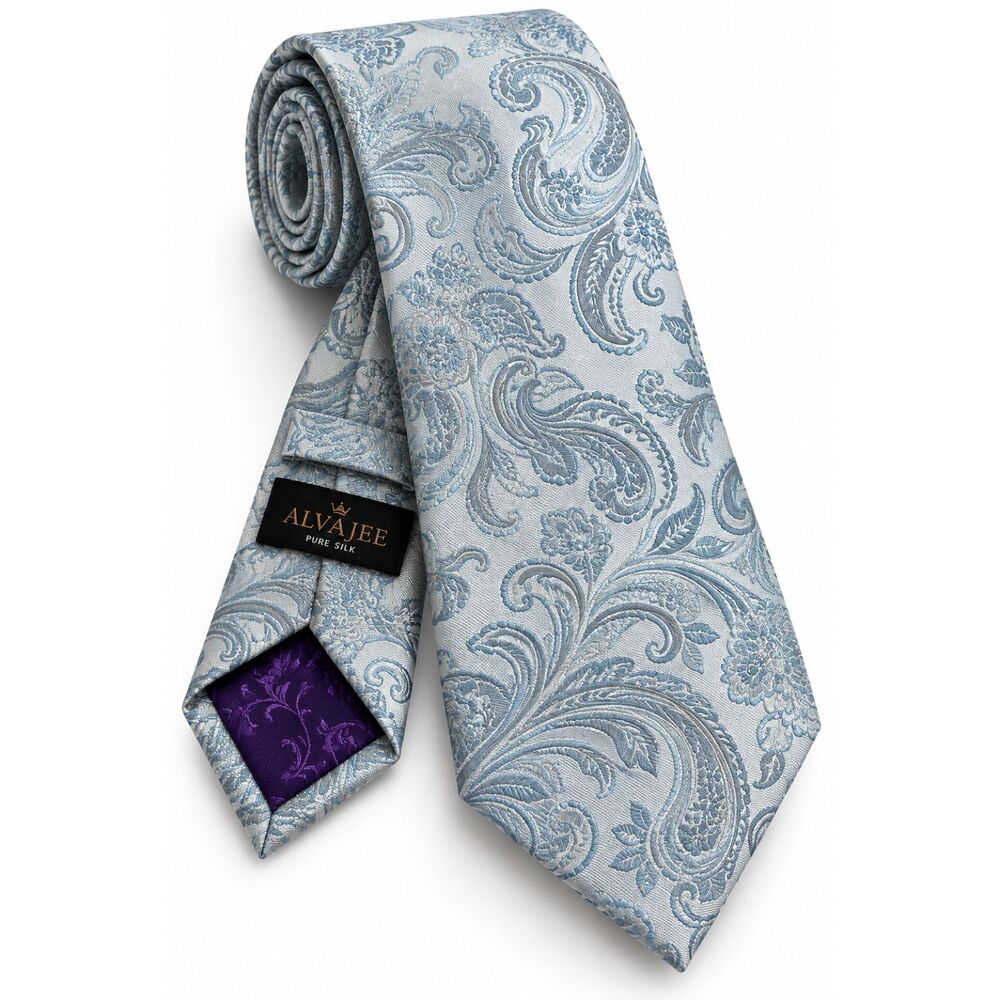 Alvajee Pure Silk Men’s Tie Light Blue Silver Paisley Necktie Formal Wedding